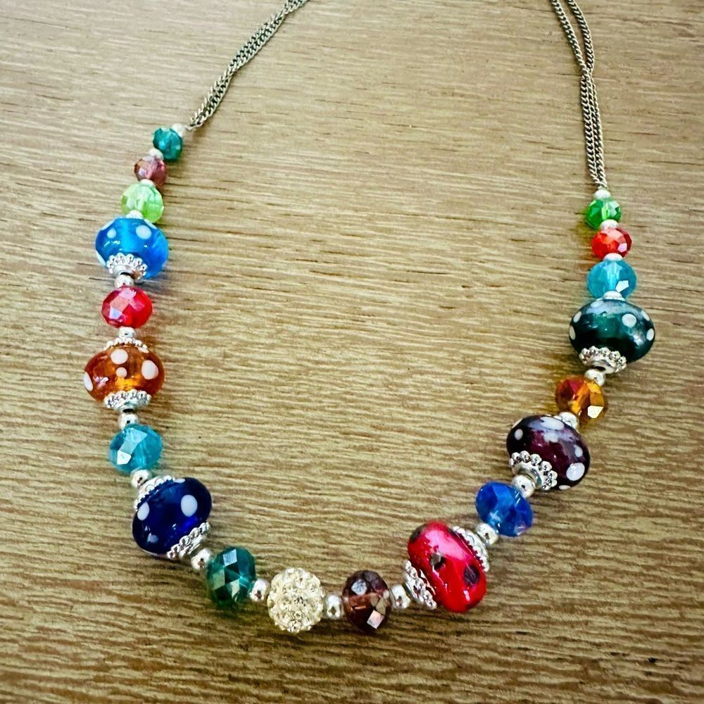 Rainbow Glass Bead Silver Necklace